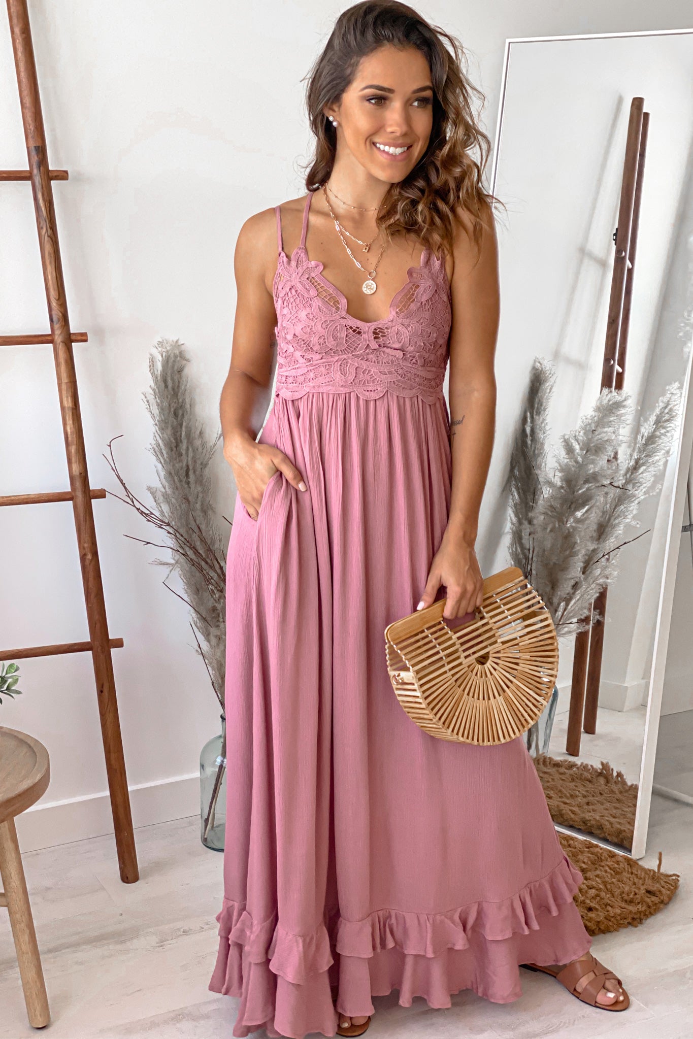 Dusty Rose Lace Top Maxi Dress | Formal ...